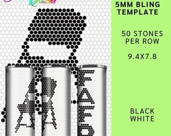 May include: Three 20 ounce stainless steel tumblers with a black and white design of a chair, a chair, and the word "FADE". The design is made up of 5mm round rhinestones. The tumblers are on a white background with a green background behind them. The text "5MM BLING TEMPLATE", "50 STONES PER ROW", "9.4X7.8", and "BLACK WHITE" is also on the green background.