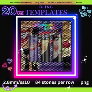 Peut inclure: Un modèle numérique pour un gobelet de 20 onces avec un motif de mosaïque coloré représentant trois personnages. Le modèle est destiné à être utilisé avec des strass ronds de 2,8 mm et nécessite 84 pierres par rangée.