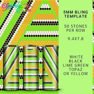 May include: Three tumblers with a geometric pattern in white, black, lime green, and yellow. The background features a similar design. Text on the right reads "5MM BLING TEMPLATE, 50 STONES PER ROW, 23.8x19.8cm, WHITE, BLACK, LIME GREEN, TOPAZ OR YELLOW."