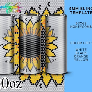 May include: Three 20oz stainless steel tumblers with a sunflower design. The design features a honeycomb pattern in black, orange, and yellow. The tumblers have a silver background with the text "4MM BLING TEMPLATE" and a color list.