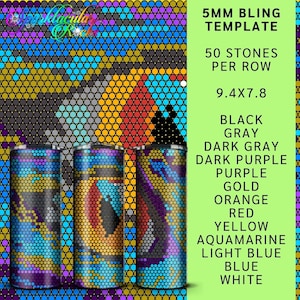 May include: A colorful geometric design with a 5mm bling template. The design features 50 stones per row and is 9.4 inches by 7.8 inches. The colors include black, gray, dark gray, dark purple, purple, gold, orange, red, yellow, aquamarine, light blue, blue, and white.