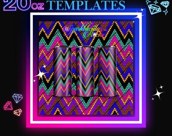 May include: Image features three 20 oz tumbler templates with a vibrant, geometric design in purple, teal, yellow, and black. The background showcases a matching pattern. Text reads "BLING 20 oz TEMPLATES" and "Sparktacular Rocks".