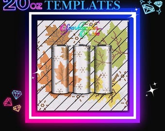 May include: Three 20 ounce stainless steel tumblers with a fall leaf design. The tumblers are white with brown, orange, and yellow leaves. The background is a white and brown plaid pattern. The text "BLING TEMPLATES" is at the top of the image.