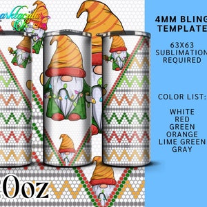 Pode incluir: Um design de copo de 20 onças com um gnomo com um chapéu vermelho e barba branca, segurando luzes de Natal. O fundo é um padrão geométrico branco e verde. O texto "4MM BLING TEMPLATE 63X63 SUBLIMATION REQUIRED" está no canto superior direito. O texto "COLOR LIST: WHITE RED GREEN ORANGE LIME GREEN GRAY" está no canto inferior direito.