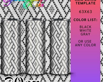 May include: Three 20oz stainless steel tumblers with a black and white geometric pattern. The tumblers are designed for use with 4mm bling. The pattern is made up of small circles arranged in a diamond shape. The text "4MM BLING TEMPLATE 63X63 COLOR LIST: BLACK WHITE GRAY OR USE ANY COLOR" is visible in the image.