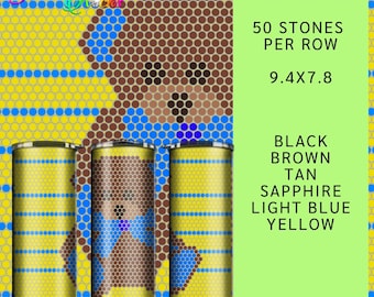 May include: A 5mm bling template for a tumbler with a cartoon bear design. The template is 9.4 inches by 7.8 inches and uses 50 stones per row. The colors used are black, brown, tan, sapphire, light blue, and yellow.