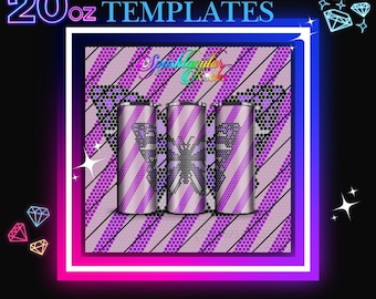 May include: A digital template for a 20 oz tumbler featuring a purple and white striped design with a black butterfly in the center. The template is for use with rhinestones or other embellishments.
