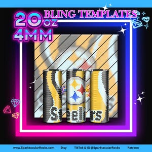 May include: Three 20 oz stainless steel tumblers with a black and yellow design, featuring the Pittsburgh Steelers logo. The image includes text that reads "20 oz 4MM BLING TEMPLATES". The background has a diagonal striped pattern.