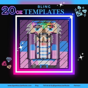 May include: A digital template for a 20 oz. tumbler featuring a nutcracker design with a purple, pink, and blue color scheme. The template is for bling, or rhinestones, and is available for purchase on Etsy, TikTok, and Patreon.