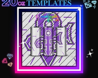 May include: Three 20 oz. tumbler templates with a purple and white geometric design. The design features a repeating pattern of hexagons and diamonds. BLING TEMPLATES text is at the top of the image.