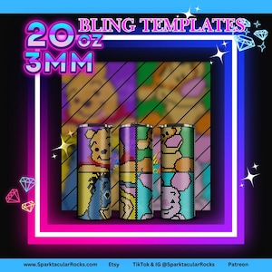 Può includere: Tre bicchieri da 20 oz con un design di Winnie the Pooh. I bicchieri sono decorati con un colorato motivo a mosaico. Lo sfondo presenta il testo "20 oz 3MM" e "BLING TEMPLATES". L'immagine è incorniciata con un bordo neon rosa e blu.