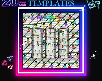 May include: Three 20 ounce tumbler templates featuring a white background with a pattern of green vines and colorful light bulbs. The text "BLING TEMPLATES" is at the top of the image.