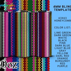 May include: Three 20oz tumblers with a honeycomb pattern in various colours, including green, pink, and blue. The image also includes a colour list and the text "4MM BLING TEMPLATE".