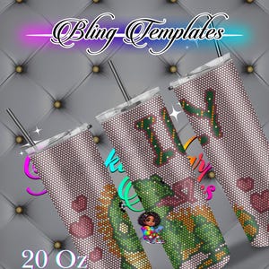 May include: Three 20 oz straight tumblers with lids and straws, featuring a grid pattern overlay. The design includes a cartoon character, heart shapes, and text. The text reads Bling Templates, 20 Oz Straight, and partially visible words.