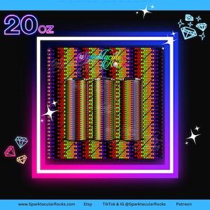 May include: A vibrant image showcases three 20 oz tumblers with a colorful, geometric pattern in red, green, orange, and purple. The tumblers are cylindrical and feature the text "Sparktacular Rocks". The background is a neon-style frame with text at the bottom.