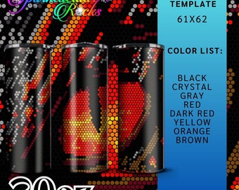 Könnte beinhalten: Ein 20 oz. Becher mit einem geometrischen Muster in Rot-, Orange-, Gelb-, Grau- und Schwarztönen. Der Becher ist für 4 mm Bling geeignet und misst 61 x 62 Zoll. Der Text "Sparktacular Rocks" befindet sich in der oberen linken Ecke. Der Text "4MM BLING TEMPLATE 61X62" befindet sich in der oberen rechten Ecke. Der Text "COLOR LIST: BLACK CRYSTAL GREY RED DARK RED YELLOW ORANGE BROWN" befindet sich in der unteren rechten Ecke.