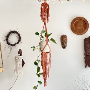 Può includere: Un portavasi in macramè con un cordoncino color terracotta e un vaso in ceramica bianca. Il portavasi è appeso al soffitto e ha una pianta che cresce nel vaso.