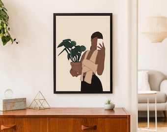 Plant Mom Kunstdruck, schwarze Frau Kunst, schwarze Mädchen Wandkunst, druckbare Kunst, afroamerikanische Wandkunst, Modedruck, Instant Download