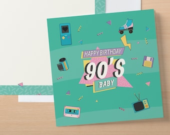 Retro '90s Birthday Card | Foil Paper Matte Finish | Nostalgic Square Greeting for '90s Babies Gift