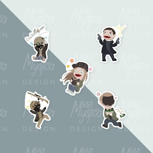 May include: Five illustrated stickers featuring characters from the video game "The Last of Us". The stickers are on a light blue and gray background. The characters include Ellie, Joel, Tommy, and two infected characters.