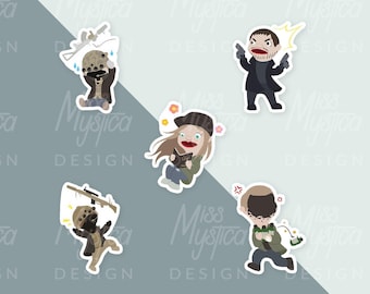 May include: Five illustrated stickers featuring characters from the video game "The Last of Us". The stickers are on a light blue and gray background. The characters include Ellie, Joel, Tommy, and two infected characters.