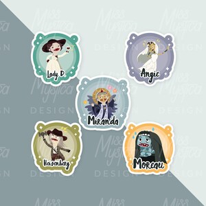 May include: Set of six colourful round stickers featuring cartoon characters with names "Lady D.," "Angie," "Miranda," "Heisenberg," "Moreau."