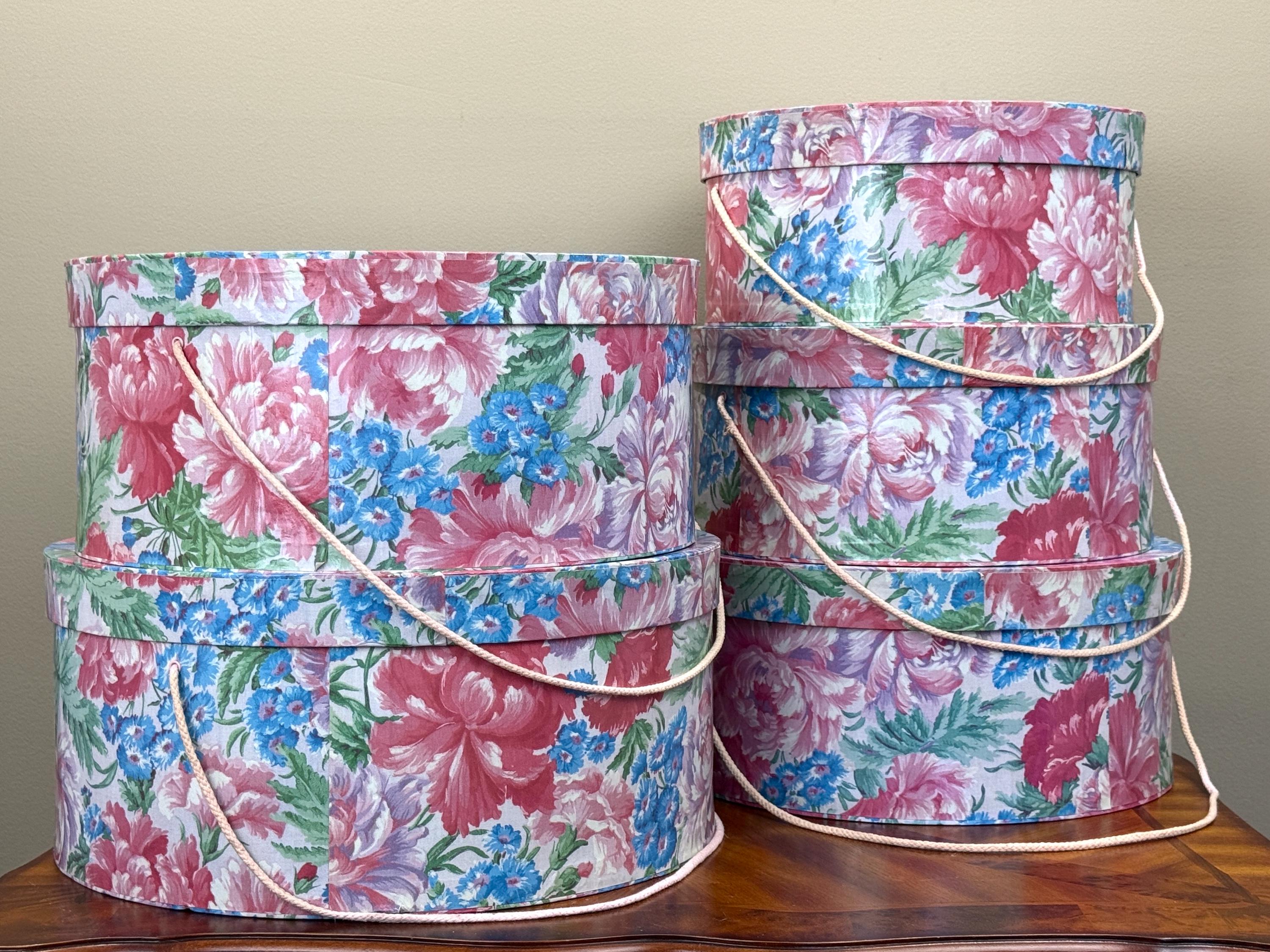 Vintage 5-Piece Nesting Hat Box Set - Blue & Pink Floral Round Storage Boxes