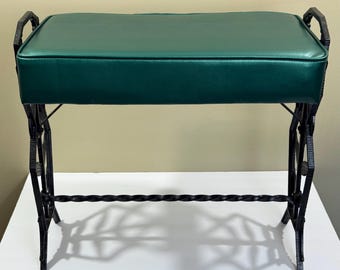 Art Deco Cast Iron Bench – 1920s Vanity or Piano Stool with Green Upholstered Seat