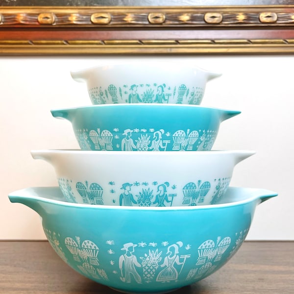 Set of 4 Vintage Turquoise Pyrex Amish Butterprint Cinderella Style Mixing Bowls