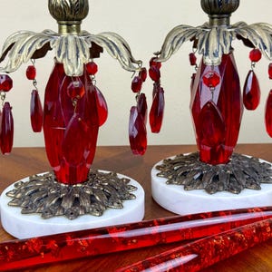 Hollywood Regency Candlestick Holders, Brass, Marble, Lucite Prisms & Red Lucite Candles