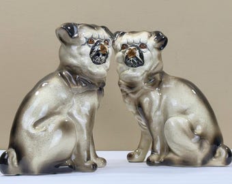 Vintage Staffordshire-Style Porcelain Pug Dog Statue Pair