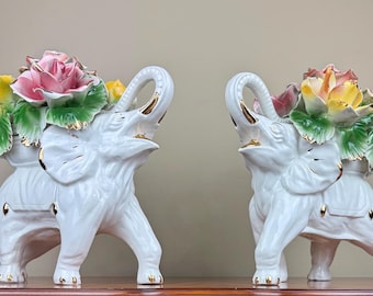 Capodimonte Elephant/Flowers Figurine Extra Large Set of 2