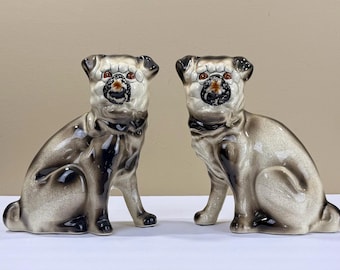 Vintage Staffordshire-Style Porcelain Pug Dog Statue Pair