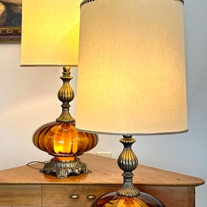 Hollywood Regency Amber Blown Glass, Art Glass Table Lamps, with Original Shades