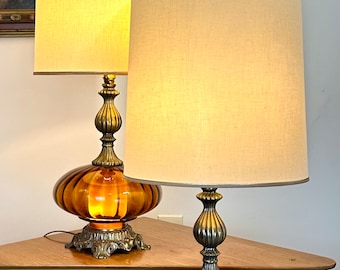 Hollywood Regency Amber Blown Glass, Art Glass Table Lamps, with Original Shades