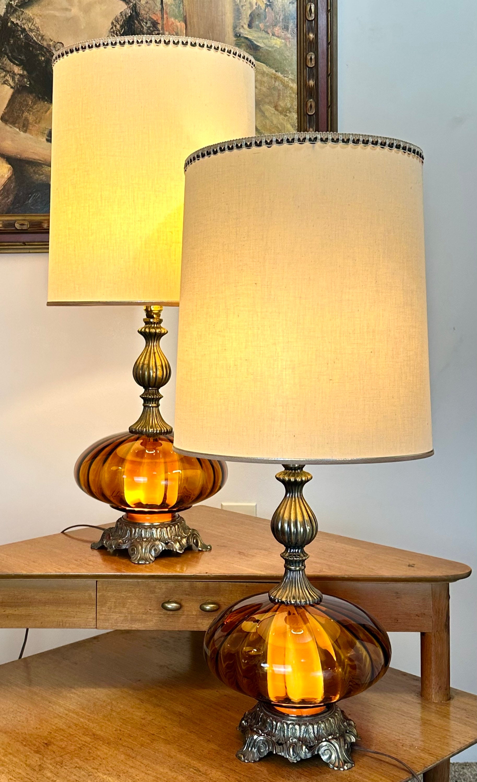 Hollywood Regency Amber Blown Glass, Art Glass Table Lamps, With