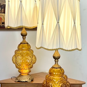 Hollywood Regency Lamps, Amber Blown Glass, Table Lamps with Original Shades, Extra Large Pair