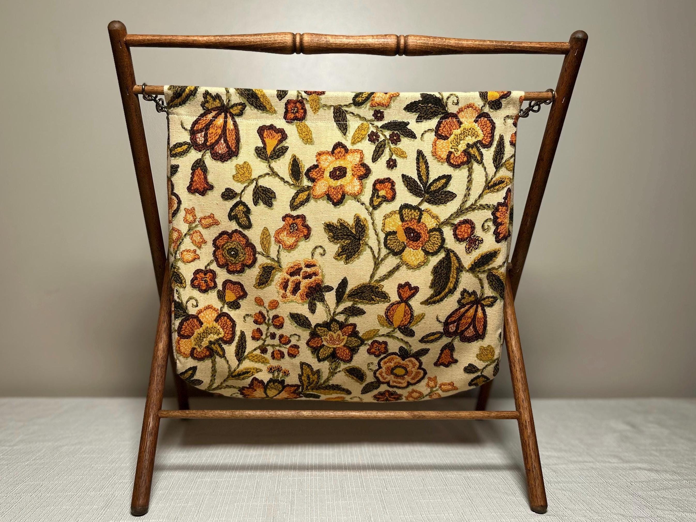 Vintage Mid-Century Folding Knitting Bag | Floral Tapestry Yarn Holder | Wooden Frame Sewing Basket