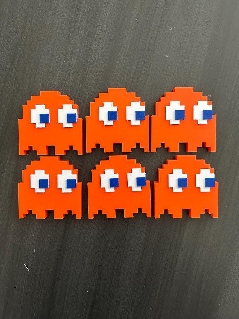 Retro Arcade Game Cupcake/Cake Toppers, 8-Bit Party Decorations 6 Orange Ghosts