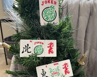 Mahjong/ Mah-Jongg Christmas Tree Ornament Decoration & Gift (East/Winter/Red Dragon) or (North/Joker/Red Dragon) or (Joker)