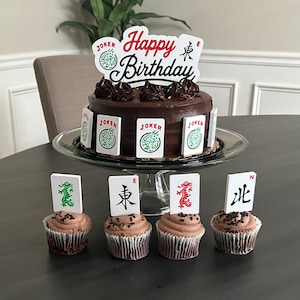 Adornos reutilizables de plástico impresos en 3D para cupcakes/tartas con temática de Mahjong/Mah Jongg