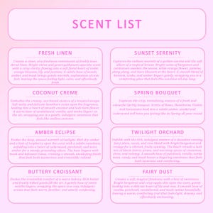 The image is a pink-themed scent list with descriptions of various scents, including Fresh Linen, Sunset Serenity, Coconut Cream, Spring Bouquet, Amber Eclipse, Twilight Orchard, Butter Cossant, and Fairy Dust.
