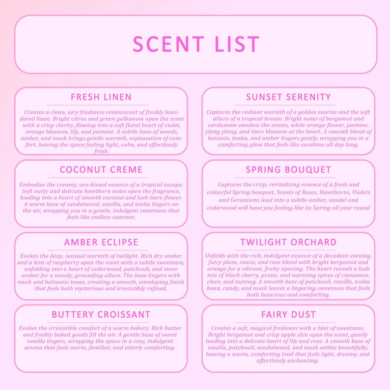 The image is a pink-themed scent list with descriptions of various scents, including Fresh Linen, Sunset Serenity, Coconut Cream, Spring Bouquet, Amber Eclipse, Twilight Orchard, Butter Cossant, and Fairy Dust.