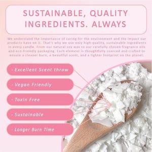 The image is an advertisement for sustainable, quality ingredients, featuring a wooden spoon filled with white, fluffy substance and a pink background.