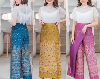 Pants-skirt Thai Praewa Kalasin Woven Fabric Glued all over the pants.Thai size ( No Blouse) Please read item details before purchasing