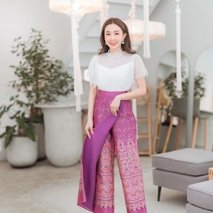 Pants-skirt Thai Praewa Kalasin Woven Fabric Glued all over the pants.Thai size ( No Blouse) Please read item details