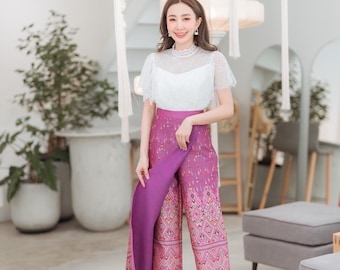 Pants-skirt Thai Praewa Kalasin Woven Fabric Glued all over the pants.Thai size ( No Blouse) Please read item details