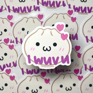 May include: A sticker featuring a cartoon dumpling with a smiling face, pink hearts, and the text "I WUV U" in purple. The sticker has a white background and a light brown outline. The sticker is surrounded by other similar stickers.
