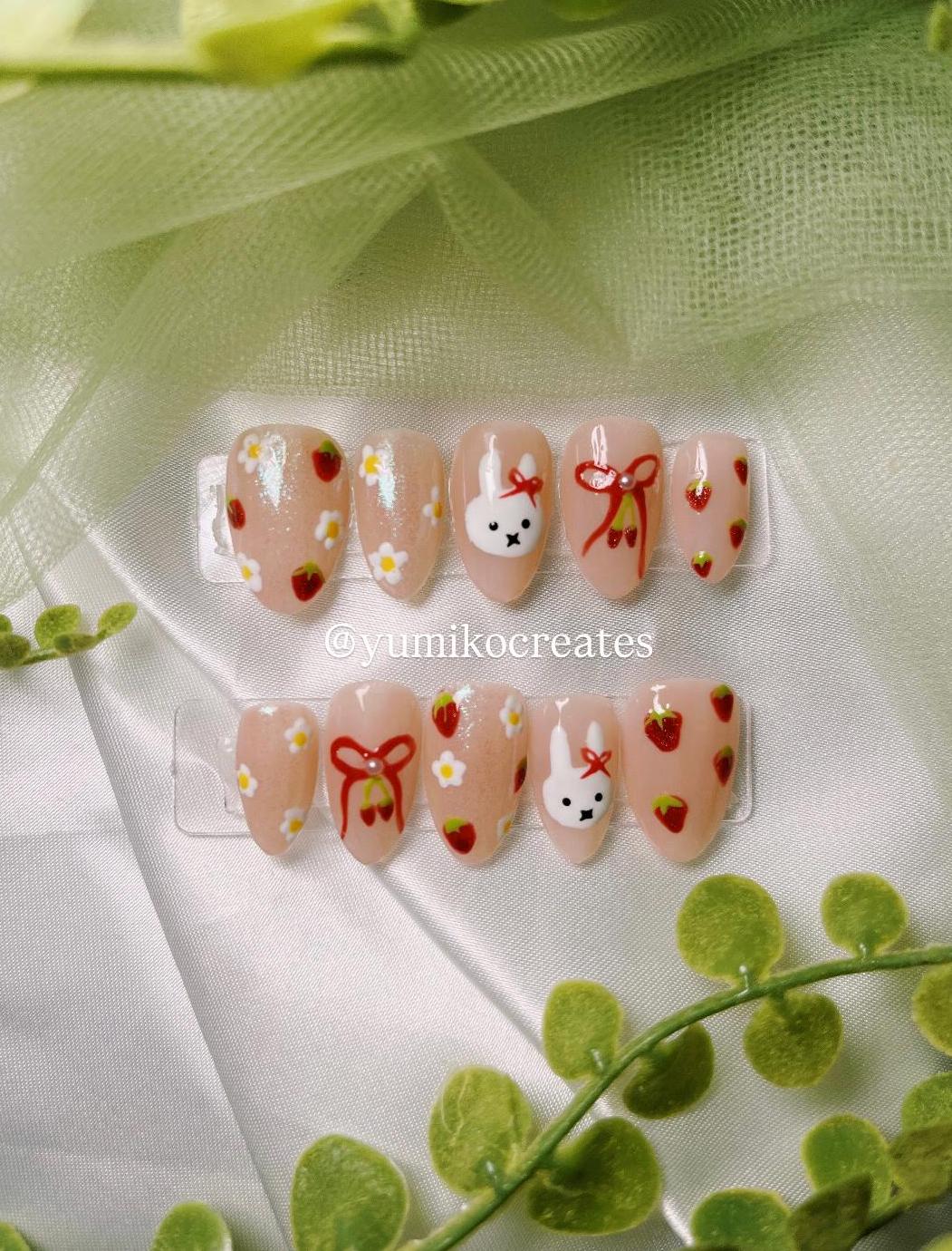 Strawberry Patch Miffy ୨୧ Press-On Nails ୨୧ Handmade GelX Press-ons