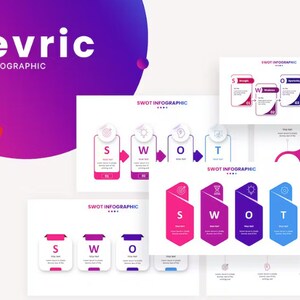 May include: A set of colourful SWOT analysis infographic slides for PowerPoint presentations. The slides feature different layouts and designs, including a circular flow chart, a linear flow chart, and a set of four boxes labelled "S", "W", "O", and "T".